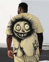 Men's Casual Naughty Boy Illustration Back Print Big & Tall Summer Short-Sleeve T-shirt Shorts Set